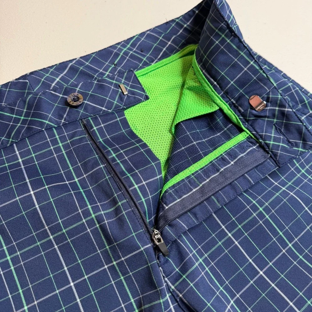 Fila Sport Golf Shorts Mens‎ 36 Navy Blue Green Plaid Performance Flat Front
